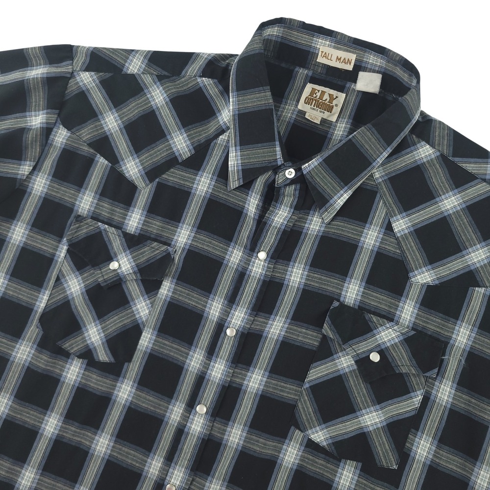 Ely Cattleman Shirt Mens 3XLT Blue Plaid Short Sleeve Snap Western Cowboy Casual